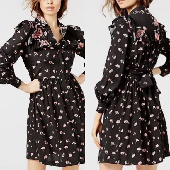 Jill Jill Stuart floral print ruffle collar button front long sleeve shirt dress - Picture 1 of 8